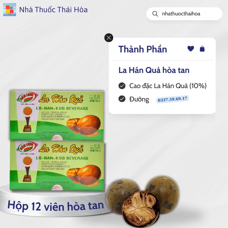 Viên Hòa Tan La Hán Quả Hán Linh - Thanh Nhiệt Tả Hỏa - Giúp Giảm Nóng Nhiệt Cơ Thể - Giảm Nhiệt Miệng - Hộp 12 Viên