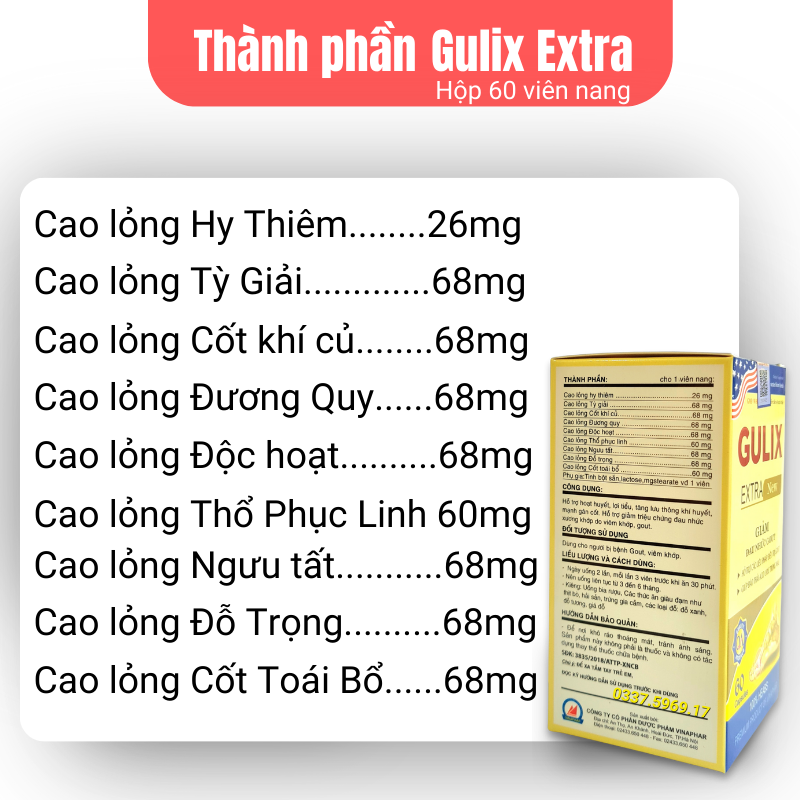 Viên giảm gout Gulix Extra - Giảm đau nhức xương khớp