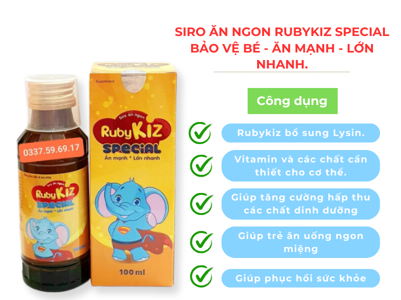 Rubykiz bổ sung Lysin , vitamin và các chất cần thiết cho cơ thể , giúp tăng cường hấp thu các chất dinh dưỡng , giúp trẻ ăn uống ngon miệng , phát triển khỏe mạnh   Giúp phục hồi sức khỏe khi cơ thể mệt mỏi , suy nhược , người mới ốm dậy