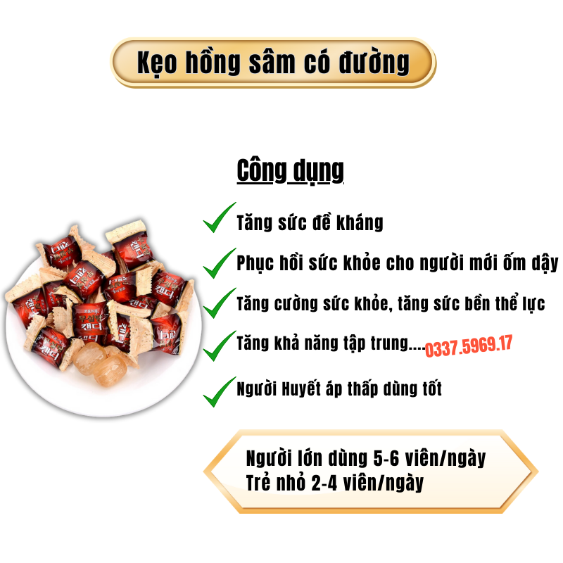 Kẹo Hồng Sâm Hàn Quốc Không Đường người tiểu đường dùng tốt
