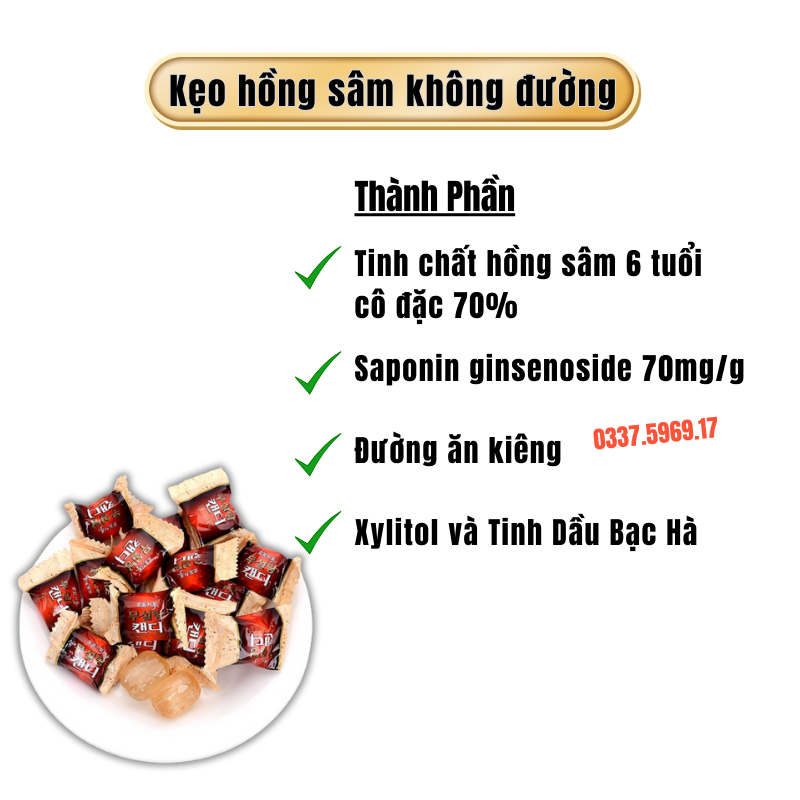 Kẹo Hồng Sâm Hàn Quốc Không Đường với thành phần Hồng sâm nguyên chất