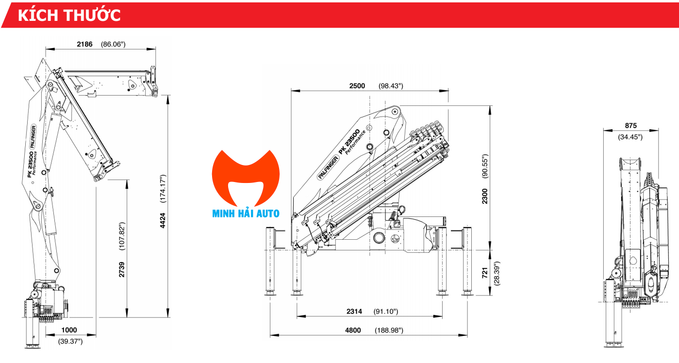 Cẩu gấp 10 tấn Palfinger- Kích thước