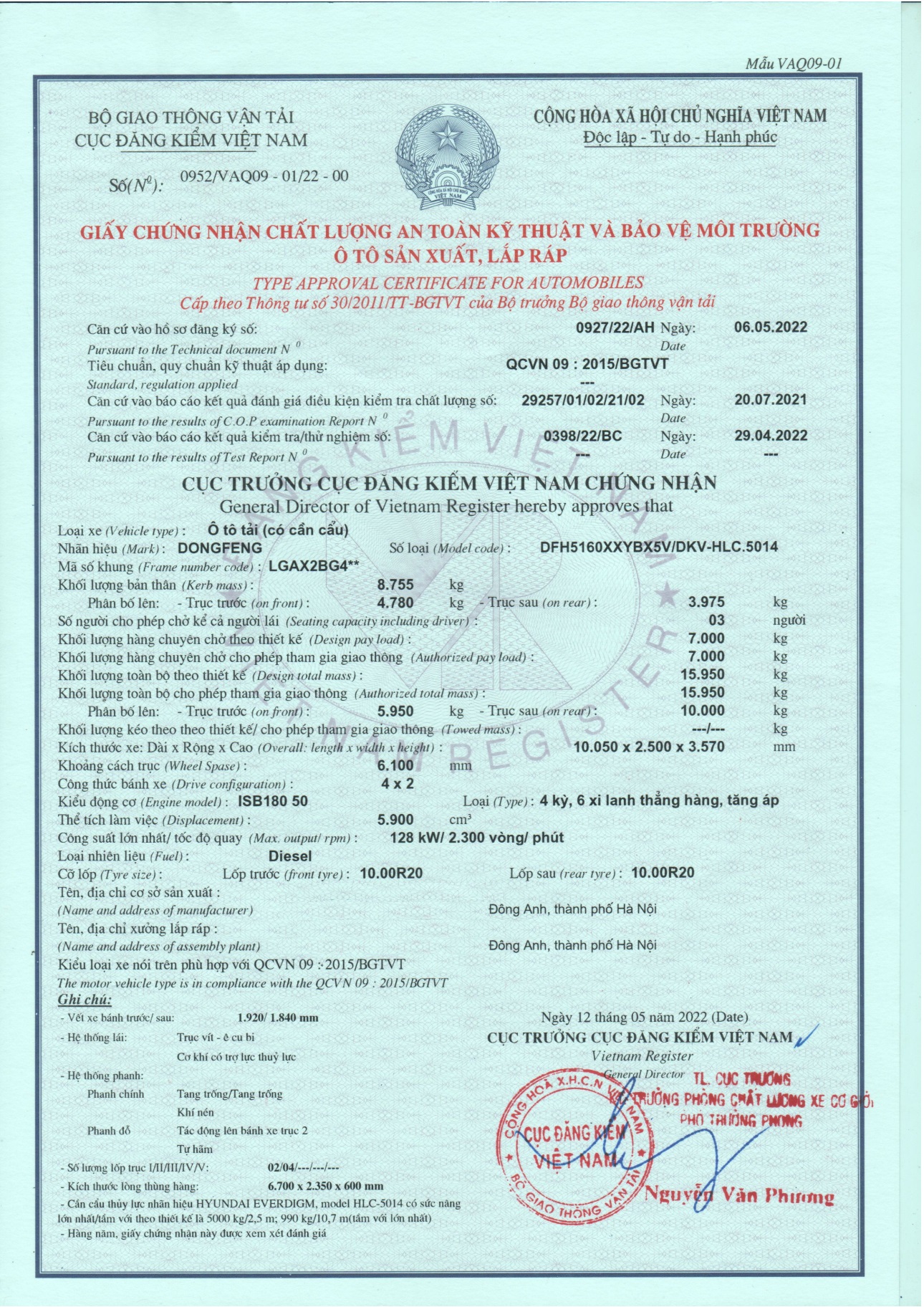 Chứng nhận CL xe cẩu tự hành 5 tấn Hyundai- Dongfeng