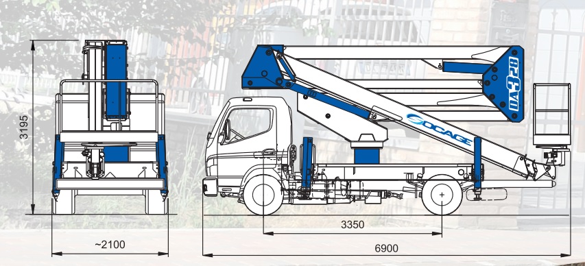 Kích thước tổng thể xe ô tô nâng người 28m làm việc