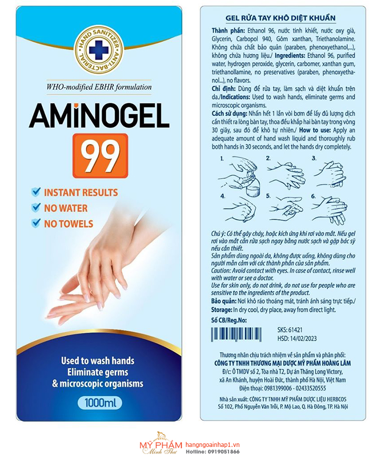 Dung dịch rửa tay sát khuẩn AMiNOGEL 99 -150ml