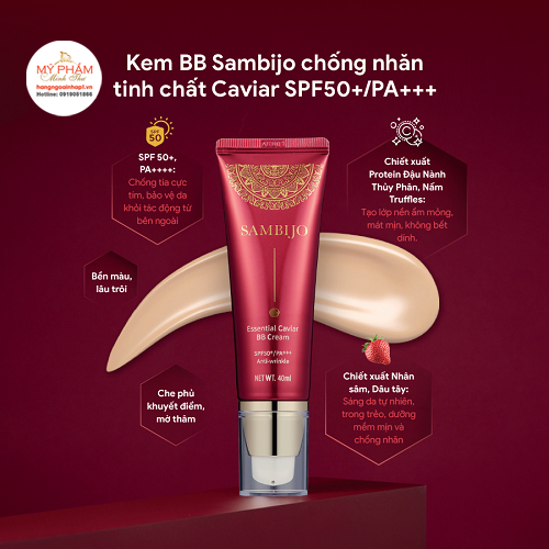 Kem BB SAMBIJO siêu mịn, chống nhăn tinh chất Caviar SPF50+/PA+++ 40ML là sản phẩm trang điểm cao cấp giúp tone da sáng tự nhiên, che phủ các khuyết điểm trên da, đồng thời dưỡng ẩm, chống nhăn và bảo vệ da khỏi tác động của ánh nắng.