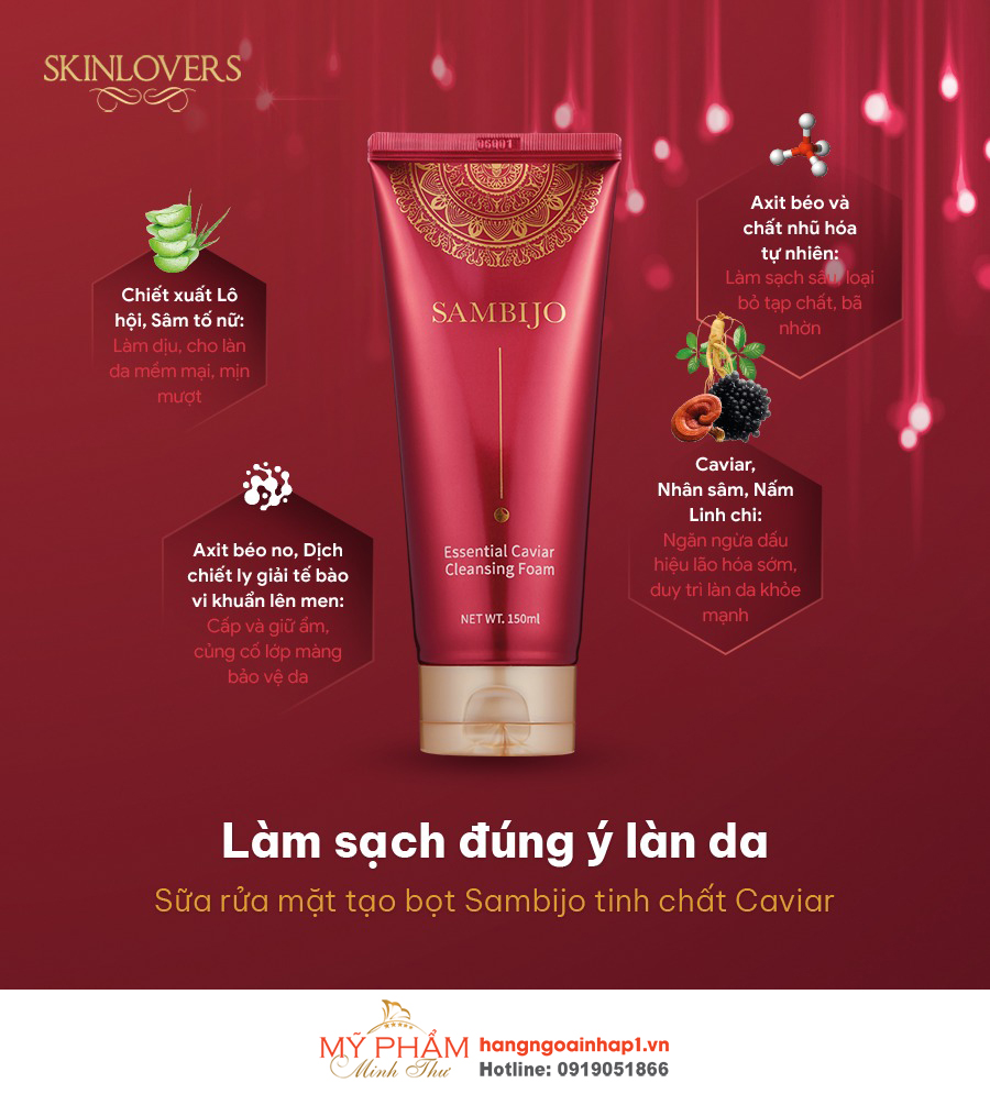 Sữa rửa mặt tạo bọt SAMBIJO dưỡng ẩm tinh chất Caviar 150ML và hoạt chất tự nhiên là sản phẩm cao cấp giúp loại bỏ các tạp chất như bụi bẩn, bã nhờn, làm sạch sâu, dưỡng ẩm, phục hồi làn da.