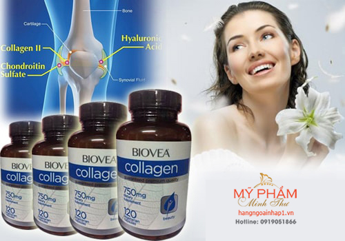 Viên uống Collagen Biovea 750mg làm đẹp da, bổ xương khớp có tác dụng Làm đẹp, chống lão hoá da. Giúp xương, sụn, khớp chắc khỏe. Giảm thiểu nỗi lo về loãng xương, xốp xương, thoát vị đĩa đệm. Giúp các vết thương ngoài da mau lành sẹo. Đặc biệt tốt với phụ nữ giảm cân nhanh; người phải làm việc trong môi trường ô nhiễm, hay bị stress, phụ nữ trong và trước thời gian mãn kinh.