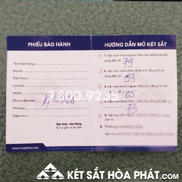 Phiếu bảo hành két sắt Hòa Phát