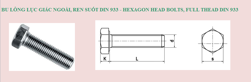 Kích thước Bu lông liên kết lục giác ngoài DIN 933