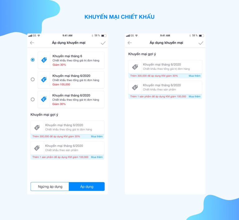 Màn hình áp dụng khuyến mại trên Sapo Mobile
