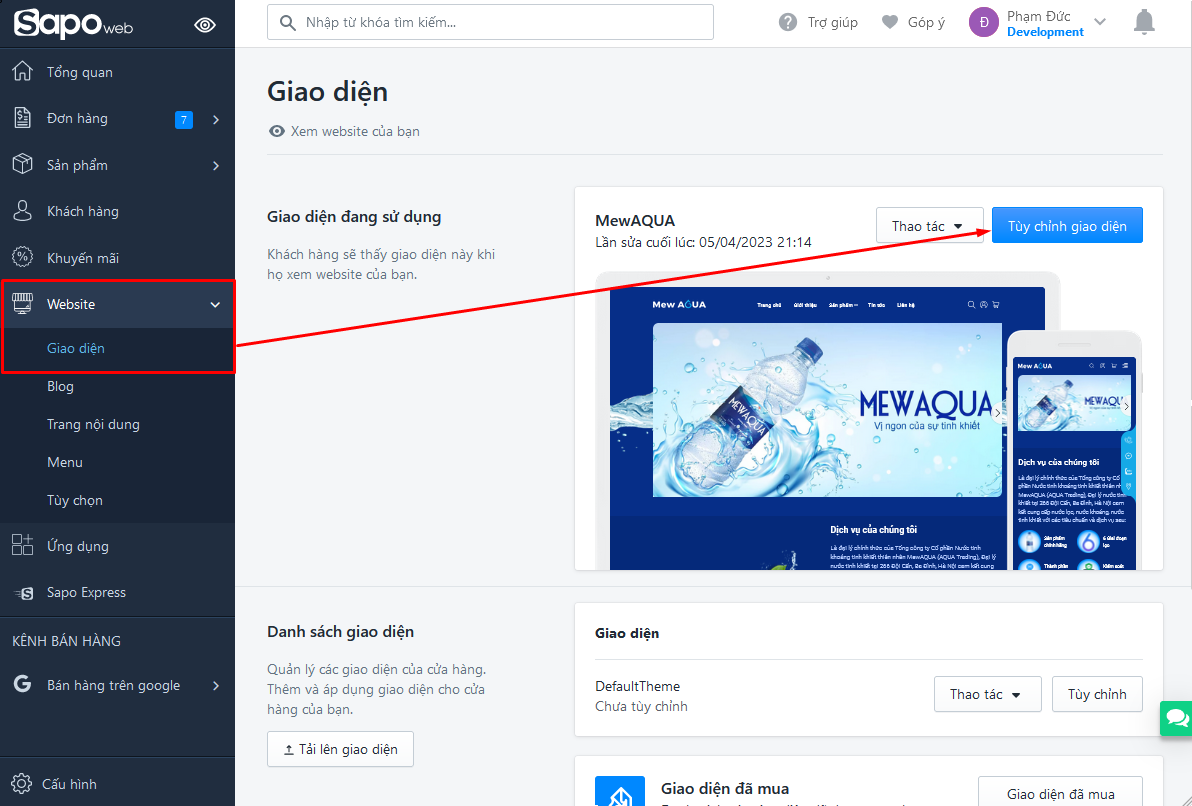 Thiết lập giao diện