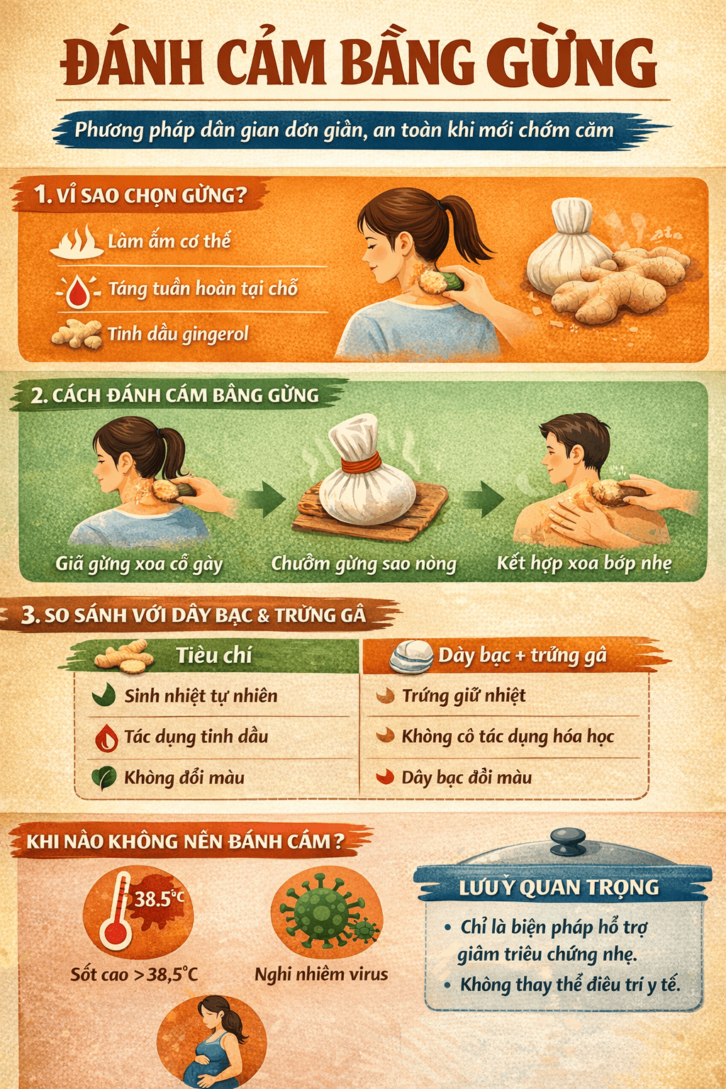 Đánh cảm bằng gừng làm giải cảm lạnh, nhất là khi người bệnh có biểu hiện sợ lạnh, lạnh tay chân, đau đầu nhẹ.