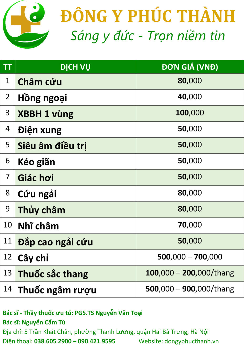 Bảng giá một số dịch vụ tại Phòng khám Đông y Phúc Thành