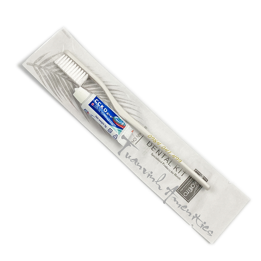 Bàn chải khách sạn mã 42 sứ bằng + kem CCKO24h 3gr + túi giấy cao cấp xơ dừa