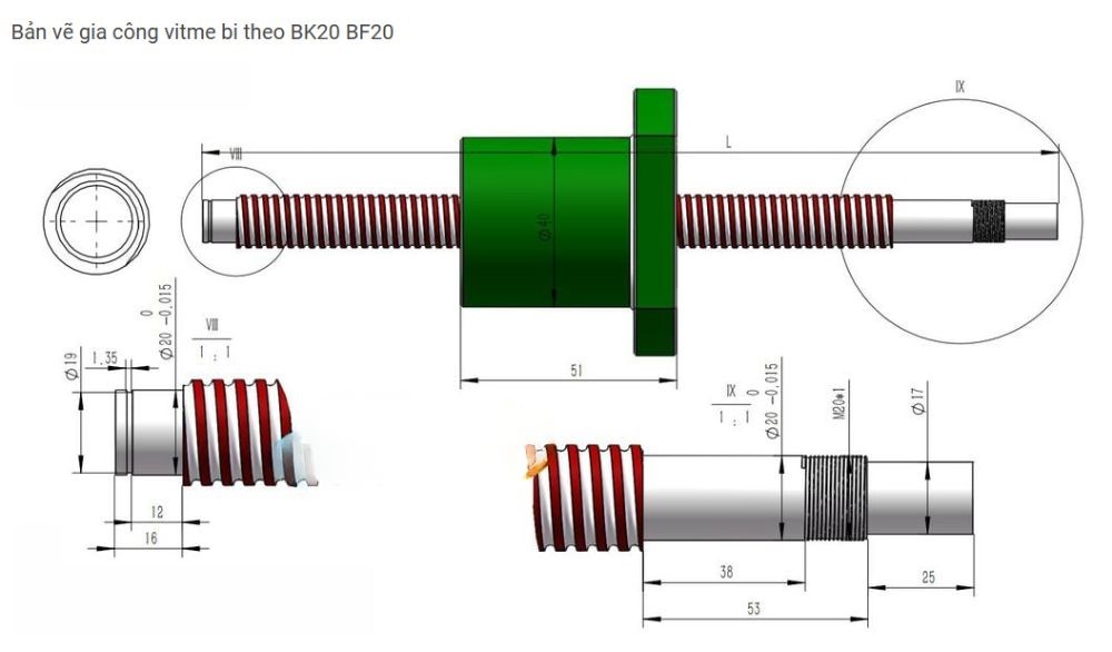 Thông số kỹ thuật vitme máy phay CNC trục Z 2510 tiện sẵn 2 đầu chuẩn BK-BF20