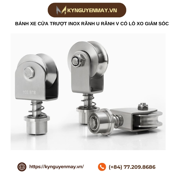 Bánh xe cửa trượt inox rãnh U rãnh V có lò xo giảm sóc