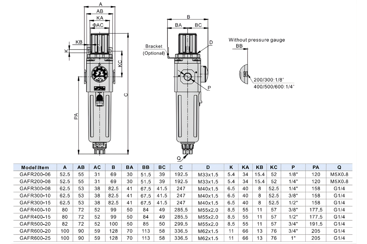 Thông số kỹ thuật bộ lọc khí nén AIRTAC GAFR