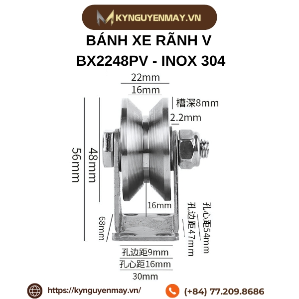 Thông số kỹ thuật bánh xe cửa trượt rãnh V - BX2248PV - INOX 304