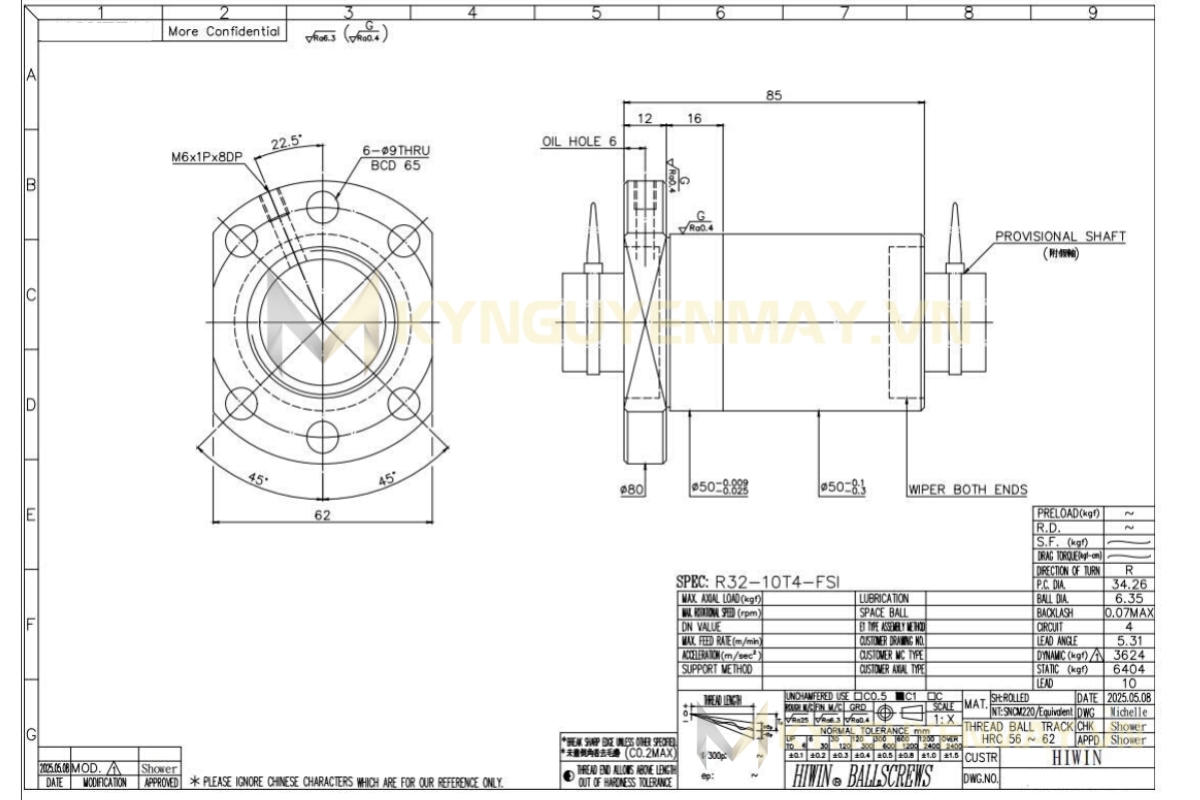 Thông tin kỹ thuật đai ốc vít me bi HIWIN R32-10T4-FSI