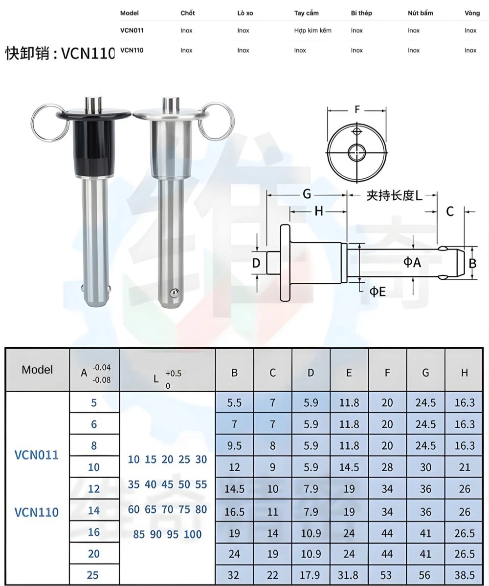 Thông số kỹ thuật chốt khóa có tay kéo VCN110