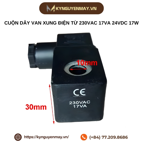 Kích thước cuộn dây van xung điện từ 230VAC 17VA 24VDC 17W