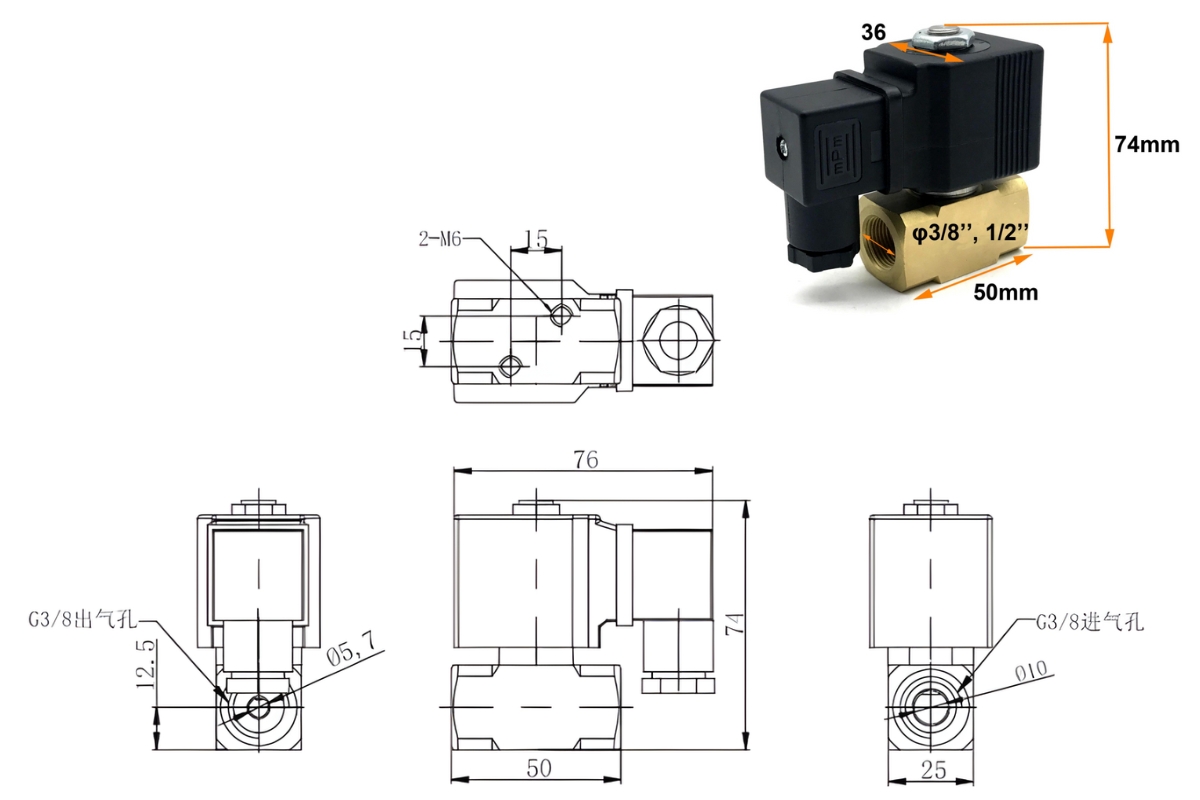 Kích thước của van điện từ 2 chiều NC VMI loại V10-C3C