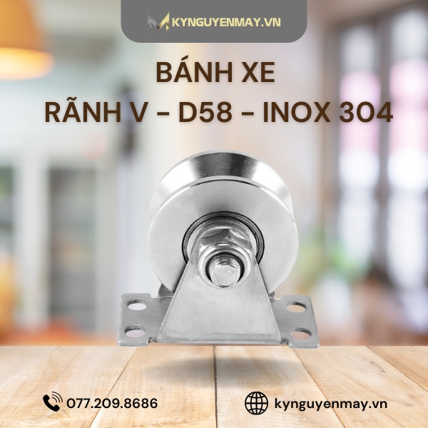 bánh xe ròng rọc rãnh V, đường kính 58mm, vật liệu INOX 304