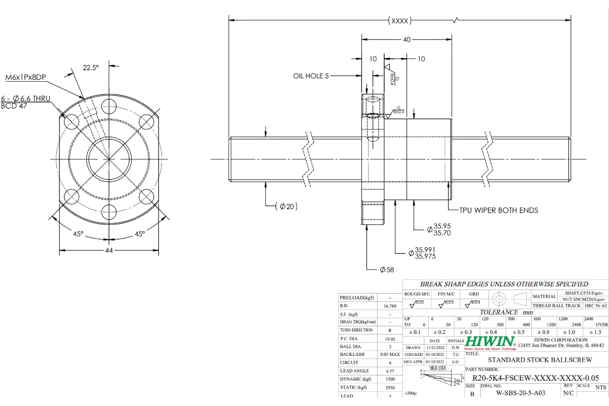 Thông tin kỹ thuật đai ốc vít me bi HIWIN 2005R
