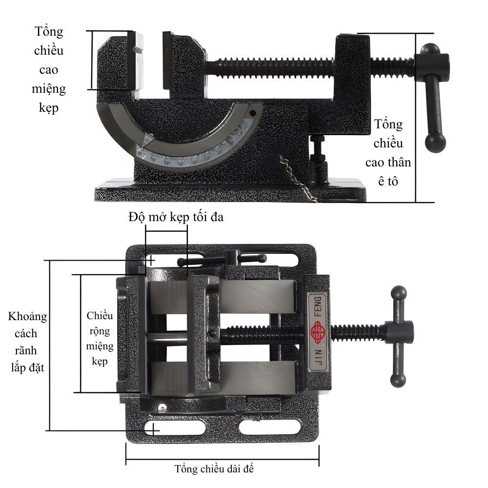 Thông số kỹ thuật ê tô gang cao cấp trượt góc 90 độ JIN FENG