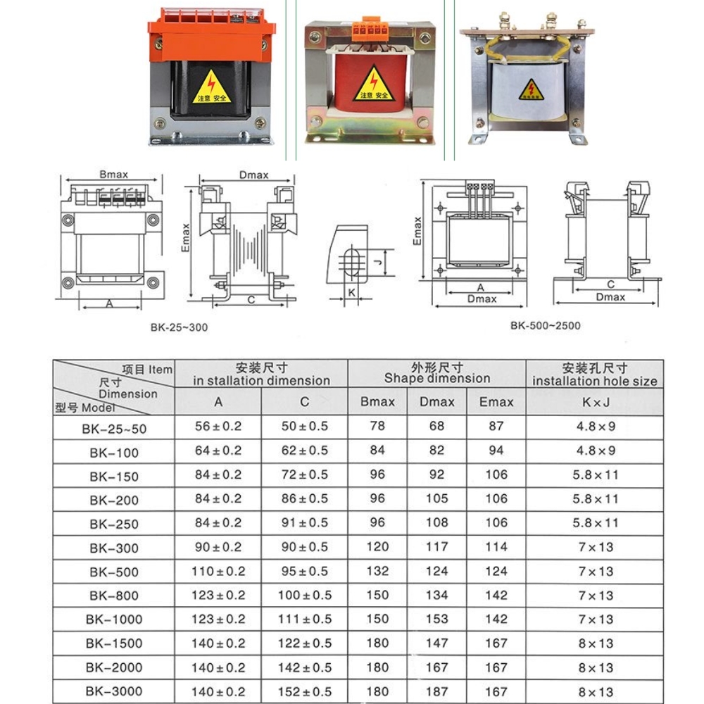 Thông số kỹ thuật biến áp cách ly BK-100, BK-150, BK-200, BK-250, BK-300, BK-500, BK-800, BK-1000, BK-1500, BK-2000, BK-3000