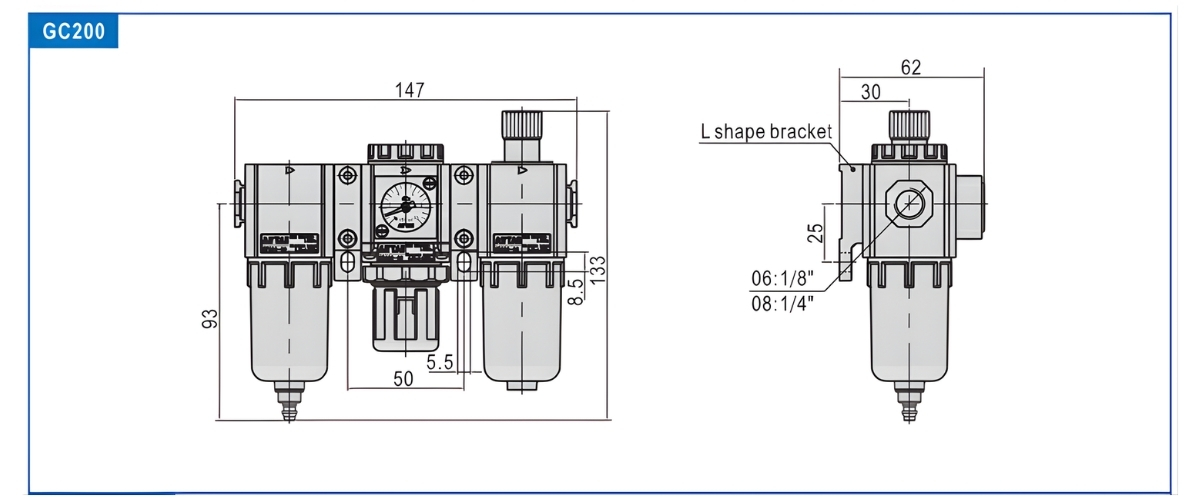 Thông số kỹ thuật bộ lọc tách nước khí nén GC200-06, GC200-08