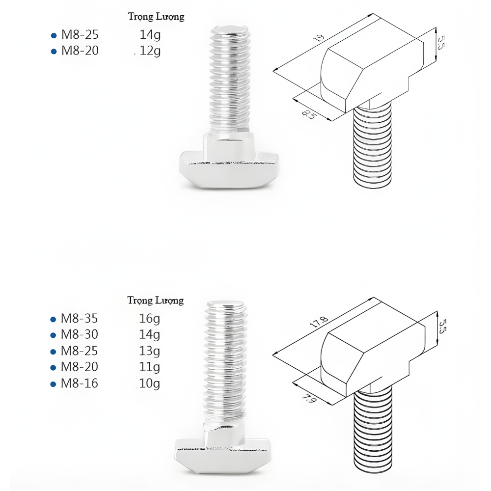 Thông số kỹ thuật bu lông đầu búa chữ T inox 304