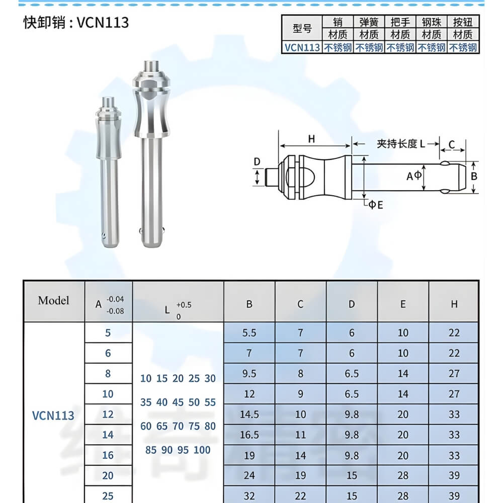Thông số kỹ thuật của chốt khóa bi bằng thép không gỉ VCN113