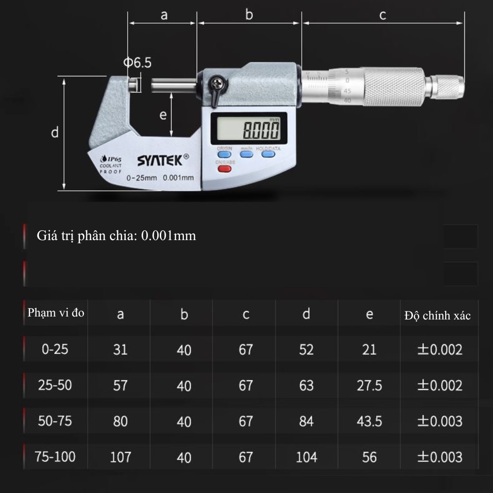 Thông số kỹ thuật đầu panme đo ngoài điện tử YNTEK Q4H65F