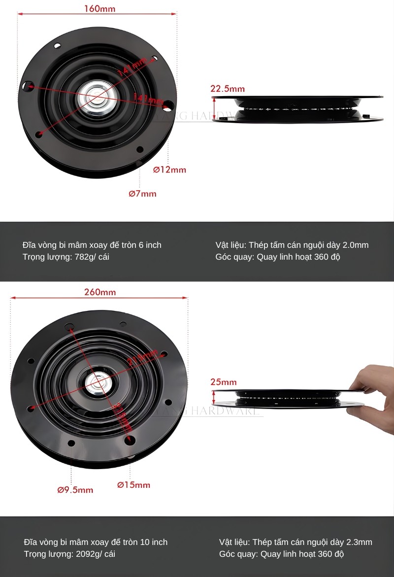 Thông số kỹ thuật đĩa vòng bi mâm xoay 360 đế tròn