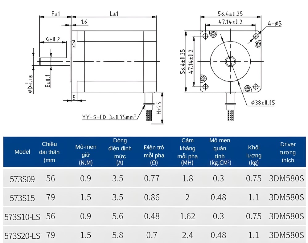 Thông số kỹ thuật động cơ bước 3 pha 573S10-LS /573S20-LS LEADSHINE