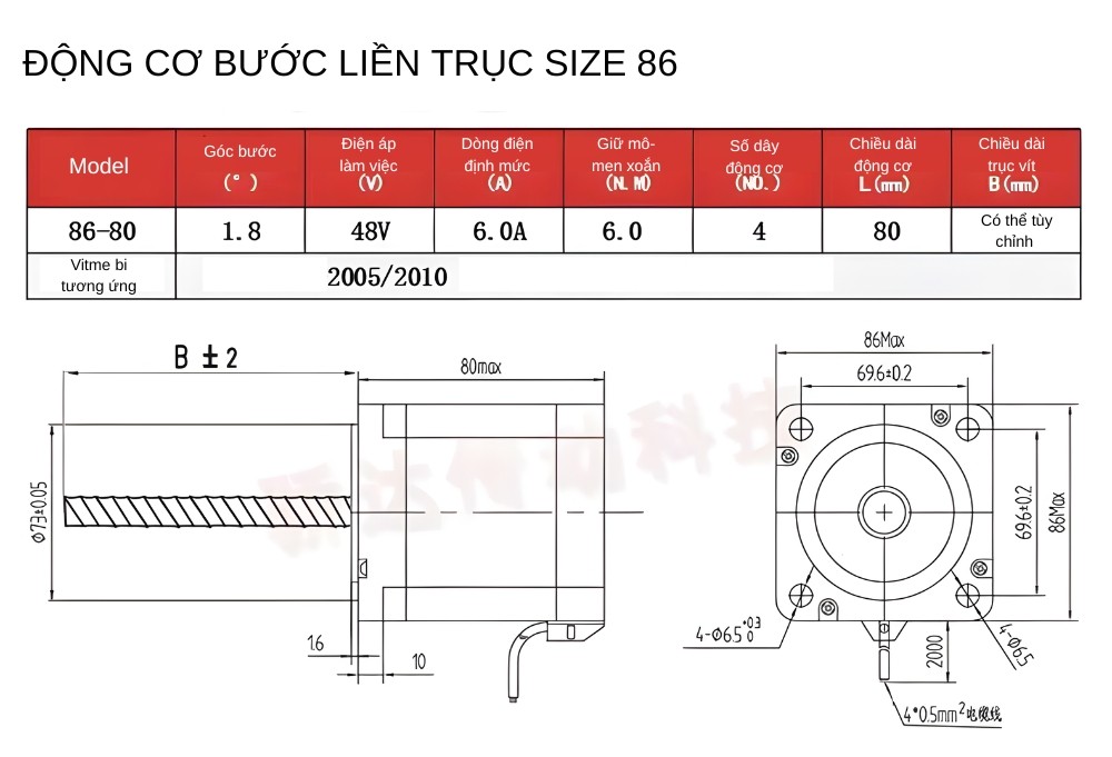 Ảnh thông số kỹ thuật động cơ bước liền trục size 86