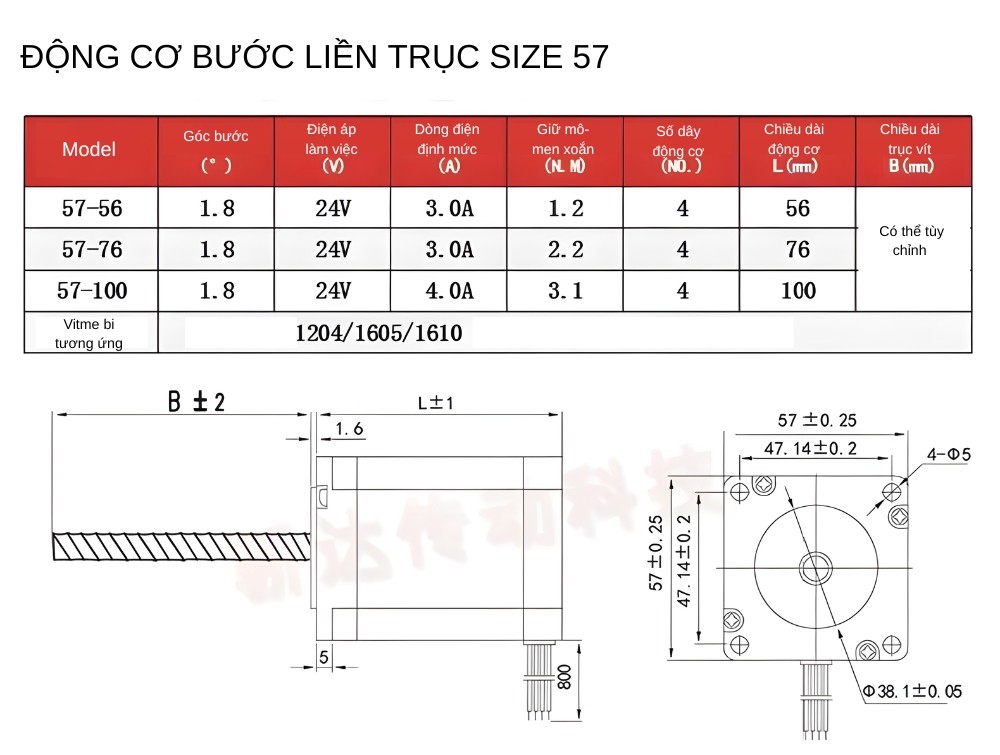 Ảnh thông số kỹ thuật động cơ bước liền trục size 57