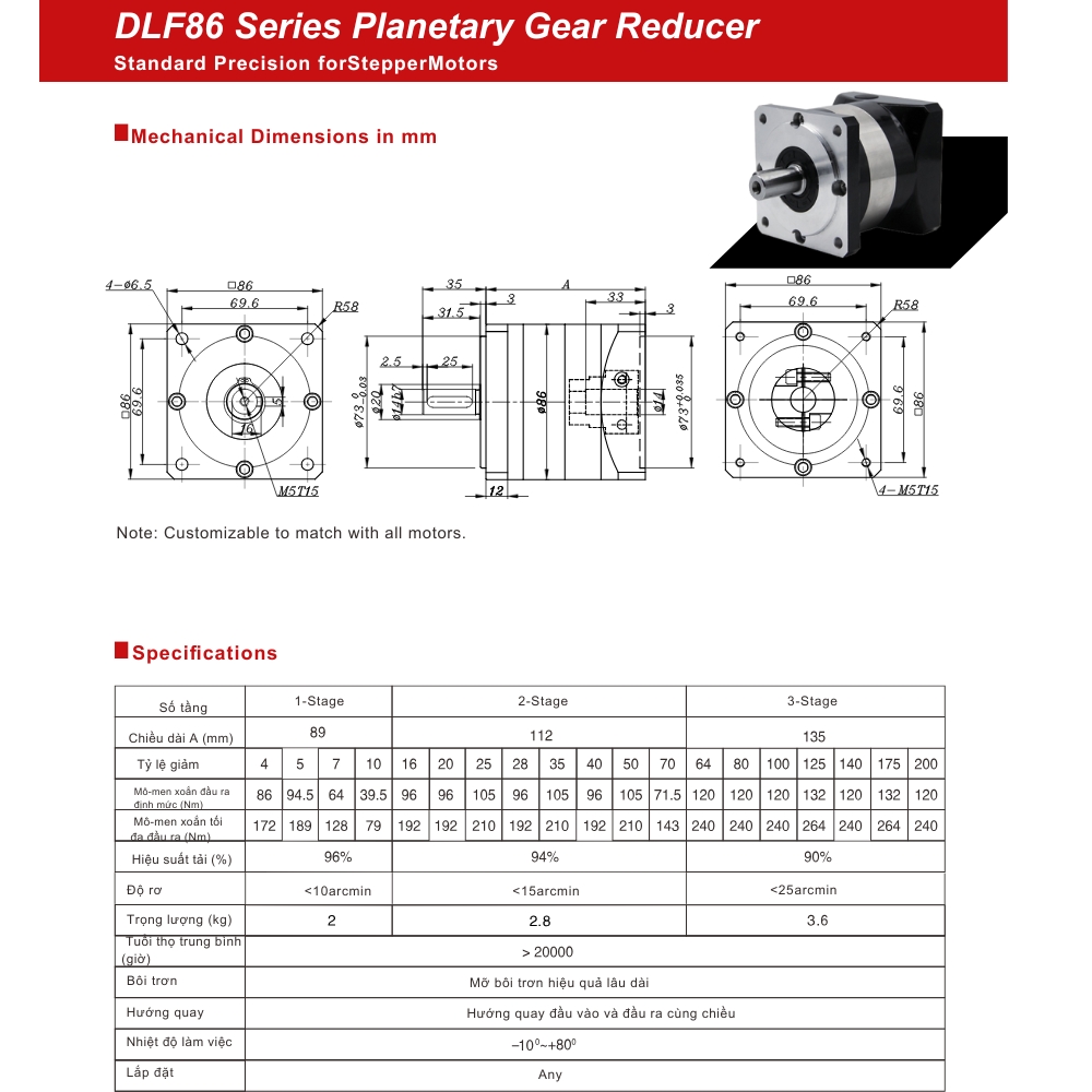 Thông số kỹ thuật hộp số giảm tốc hành tinh DLF86