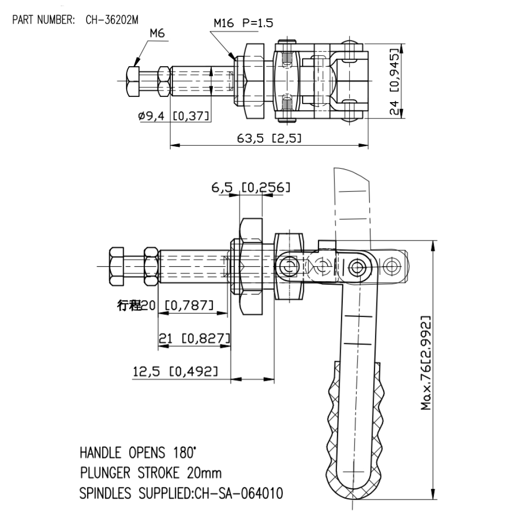 Thông số kỹ thuật cam kẹp đẩy ngang CH-36202M, CH-36202MSS