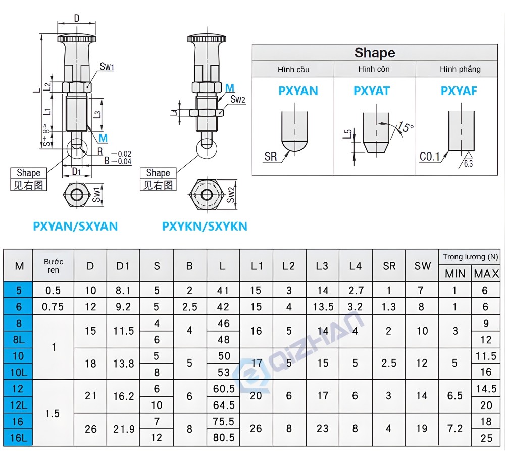 Thông số kỹ thuật núm pittong định vị kiểu PXYAN