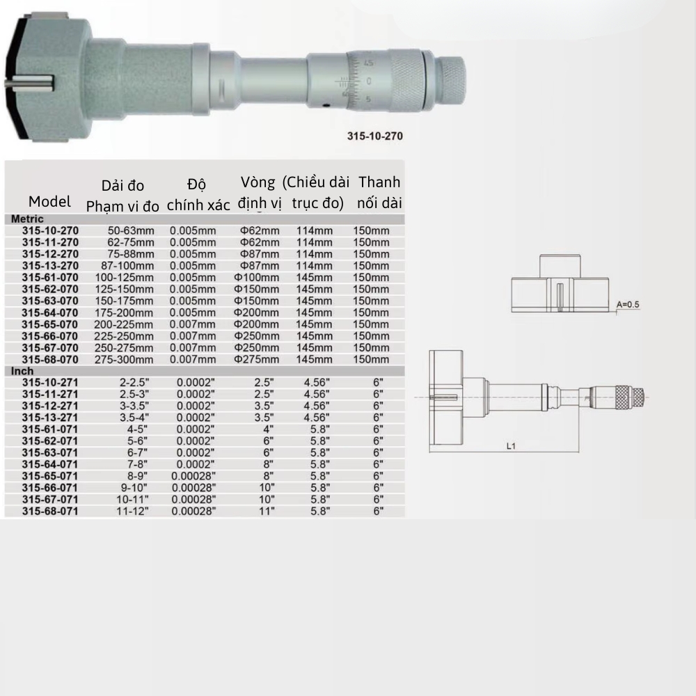 Thông số kỹ thuật Panme đo lỗ ba chấu kích thước lỗ 50-300mm