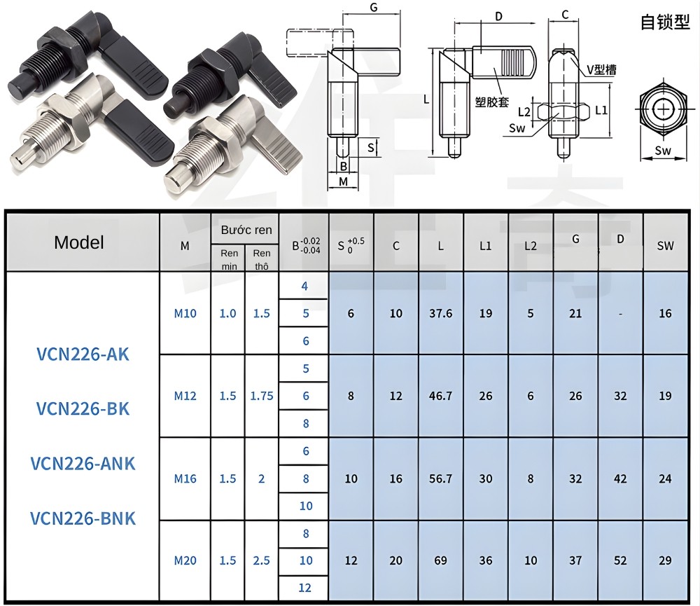 Thông số kỹ thuật pit tông chỉ mục tay gạt VCN226