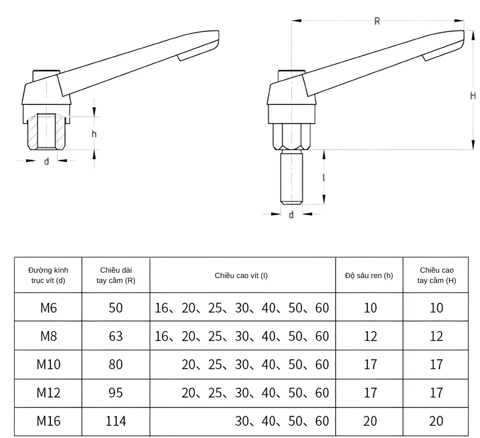 Thông số kỹ thuật tay siết nhanh định vị bằng thép M6, M8, M10, M12, M16