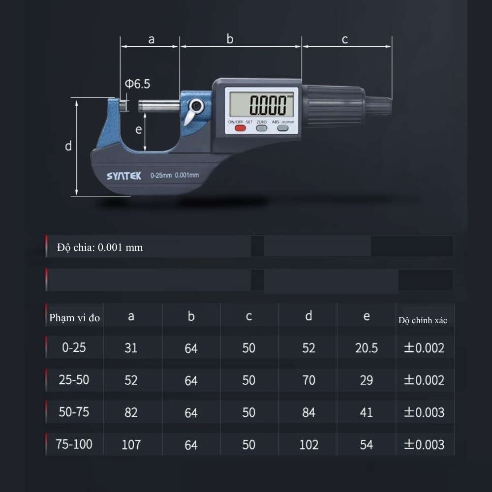 Thông số kỹ thuật thước đo panme SYNTEK WD1001