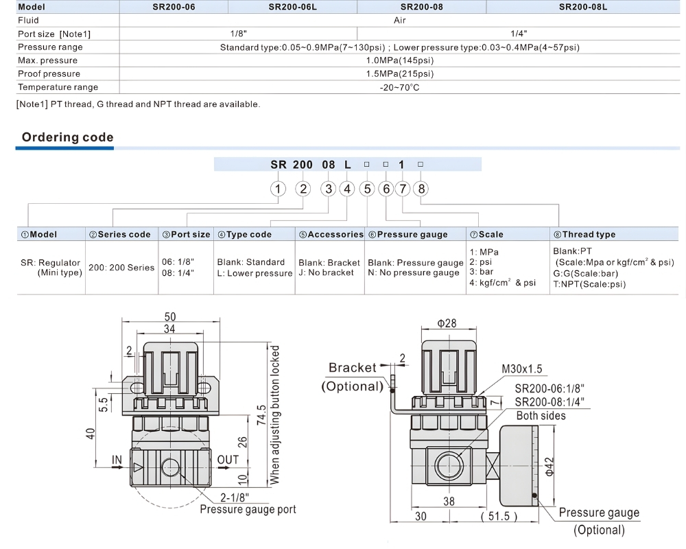 Thông số kỹ thuật van điều chỉnh áp suất khí nén AIRTAC SR200-08