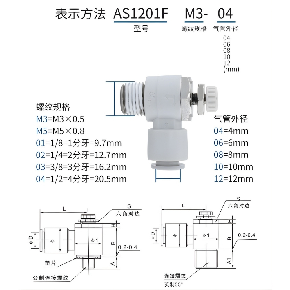 Thông số kỹ thuật van điều chỉnh khí nén SMC AS1201F, AS2201F