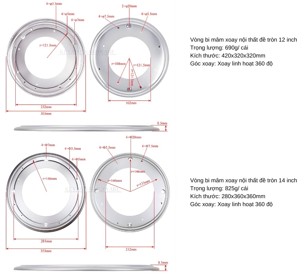 Thông số kỹ thuật bạc đạn mâm xoay nội thất đế tròn