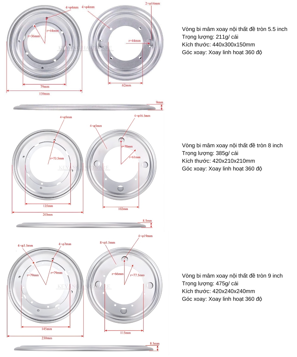 Thông số kỹ thuật bạc đạn mâm xoay nội thất đế tròn